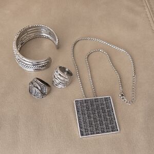 Silver Tone Jewelry Set Necklace Square Pendant 2 Rings & Open Cuff Bracelet